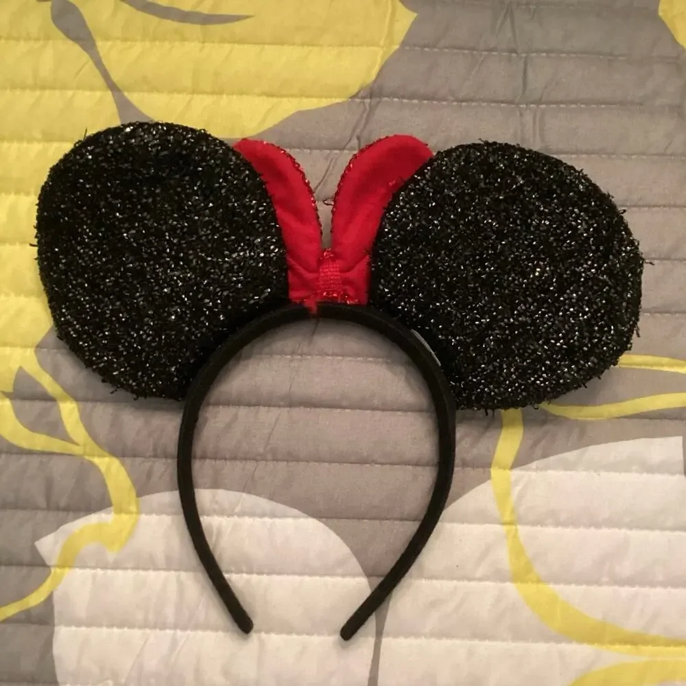 NWOT Disney Classic Black Glitter Knit Ears Red Bow Ears Lightweight Headband